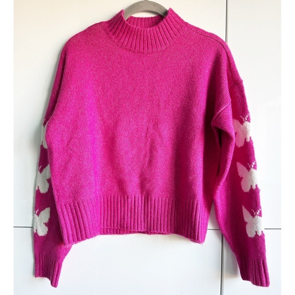 Ultra Flirt Butterfly Sweater Pink White Butterflies Size Small Knit Mock Neck